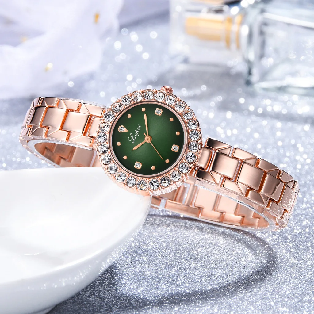 

Часы наручные женские с зеленым циферблатом, Элегантные Аналоговые люксовые, со стразами, розовое золото, подарок для девушки, 2023
