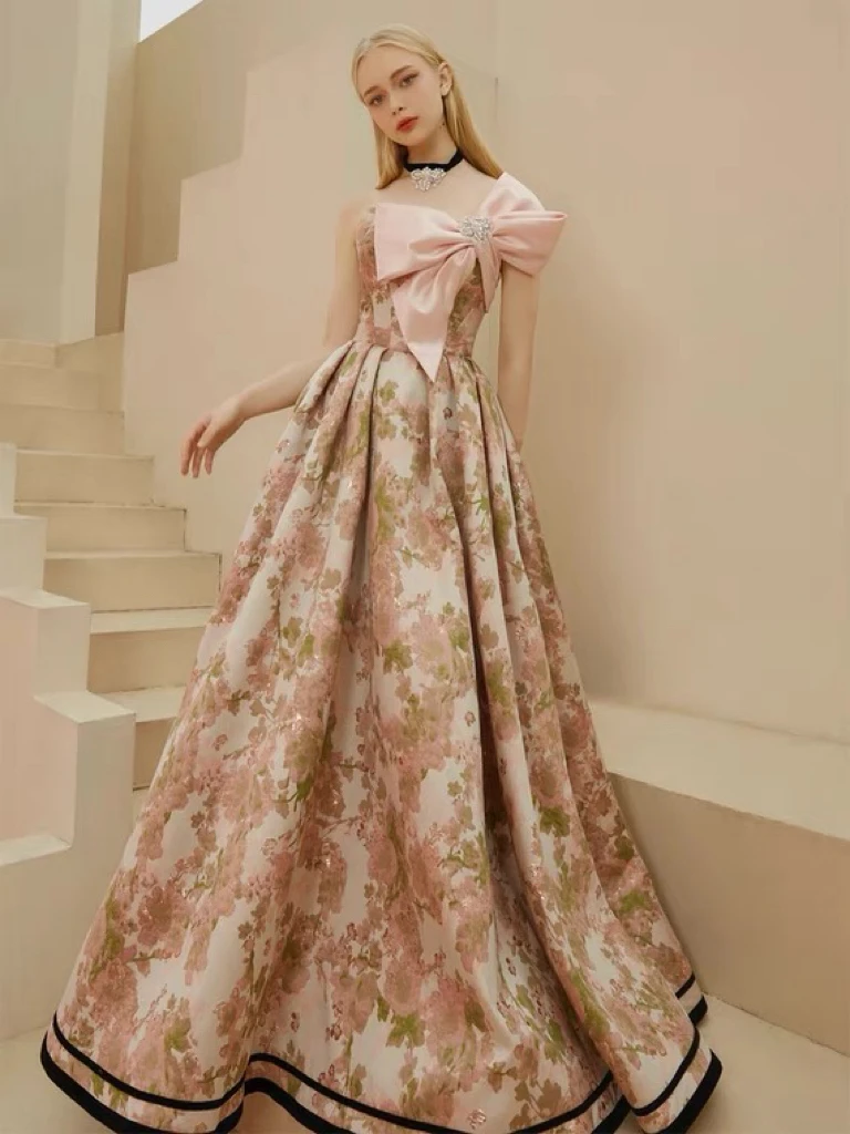 

Luxury Floral Print Prom Dress Strapless Bow Glove Fairy Crystal Necklace A-line Elegant High-end Evening Party Gowns For Women