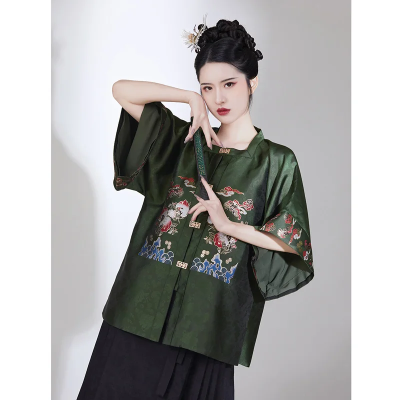 

Zhizaosi Summer Black Imitation Makeup Flower Woven Gold Improved Green Square-neck Embroidered Top Horse Face Skirt Hanfu Dress