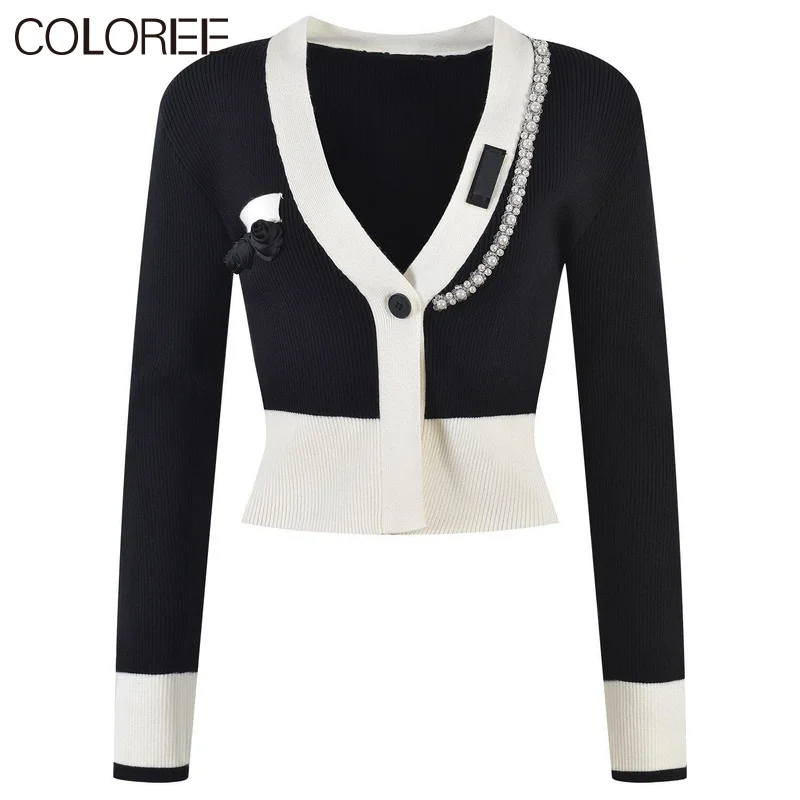 

Корейский модный черный кардиган с бисером, Осень-зима 2022, элегантные топы с V-образным вырезом и длинным рукавом, Женский облегающий вязаны...