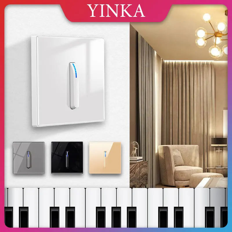 

YINKA Home Wall Light Switch Panel Crystal Tempered Glass Switch Self-reset 1 Gang 2 Way LED Indicator Piano Key Wall Panel