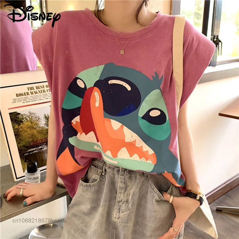 Disney Cartoon Stitch Summer Trend Clothes Women Harajuku T-shirts Korean Style Sleeveless Loose Tee Shirts Y2k New Fashion Tops