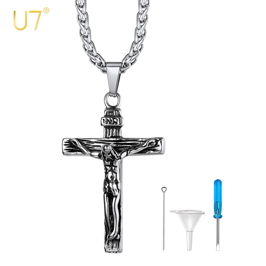 

U7 Stainless Steel Unisex Crucifix Cross Necklace for Ashes of Love Ones Waterproof Urn Pendant Funeral Cremation Jewelry