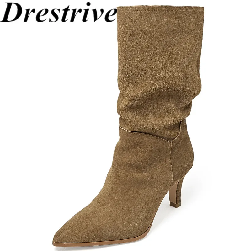 

Drestrive 2023 New Arival Classic Women Mid Calf Boots Slip On Cow Suede Pointed Toe Thin High Heel Winter Shoes Handmade