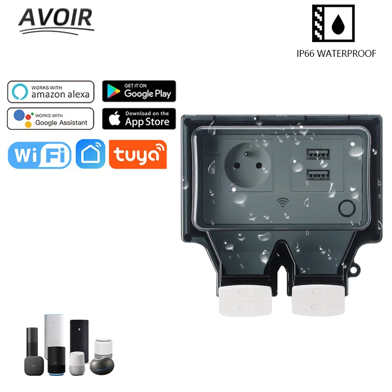 

Avoir IP66 Tuya Power Sockets Smart With Timer Wifi Wall Outdoor Waterproof Socket Cover EU French Plug Outlet Dual Usb For Home