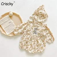 criscky newborn baby girl full sleeve flower overalls bodysuits ruched toddler infant jumpsuitshat kid clothes set 2pcs