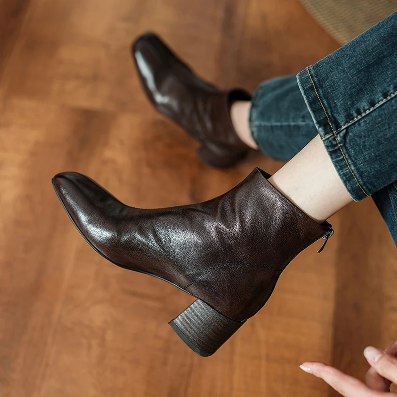 Весенне-осенние ботинки из воловьей кожи женская обувь на массивном каблуке