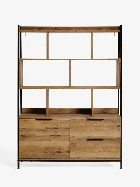 Современный деревянный книжный шкаф в индустриальном стиле с полками и ящиками