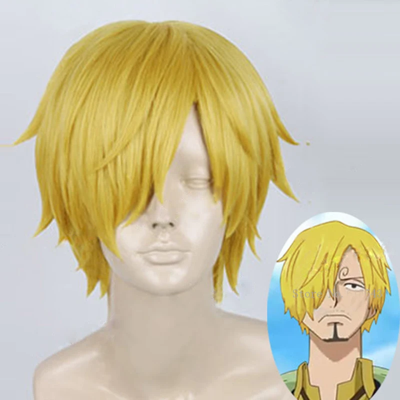 

Высококачественный парик для косплея из аниме One Piece, парик Sanji, короткие прямые золотисто-желтые термостойкие синтетические волосы, парики + шапочка для парика