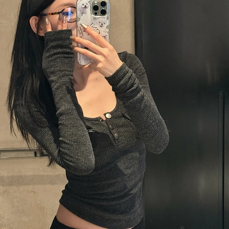 Фото Tonngirls Harajuku винтажная футболка женская с длинным рукавом облегающие Y2k американские ретро 90-х годов укороченные топы уличная одежда Basci футболки осень №4