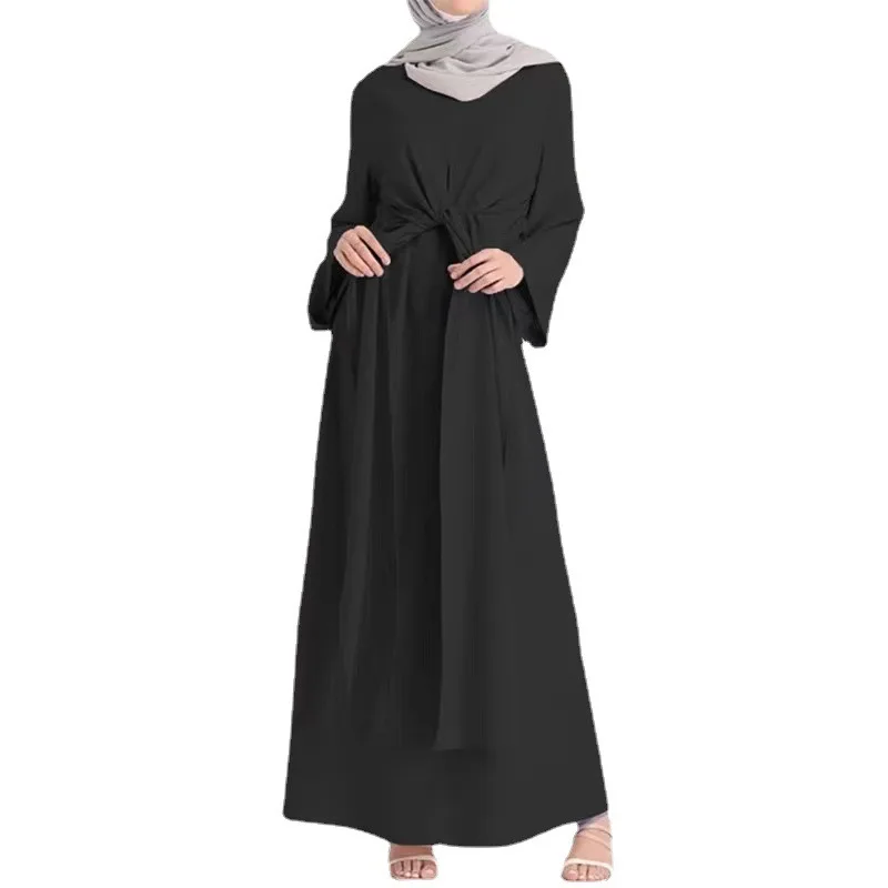 

Muslim2023 new summer cross-border women's wear Middle East Dubai Arabian robe solid color tie tunic long dress long skirt