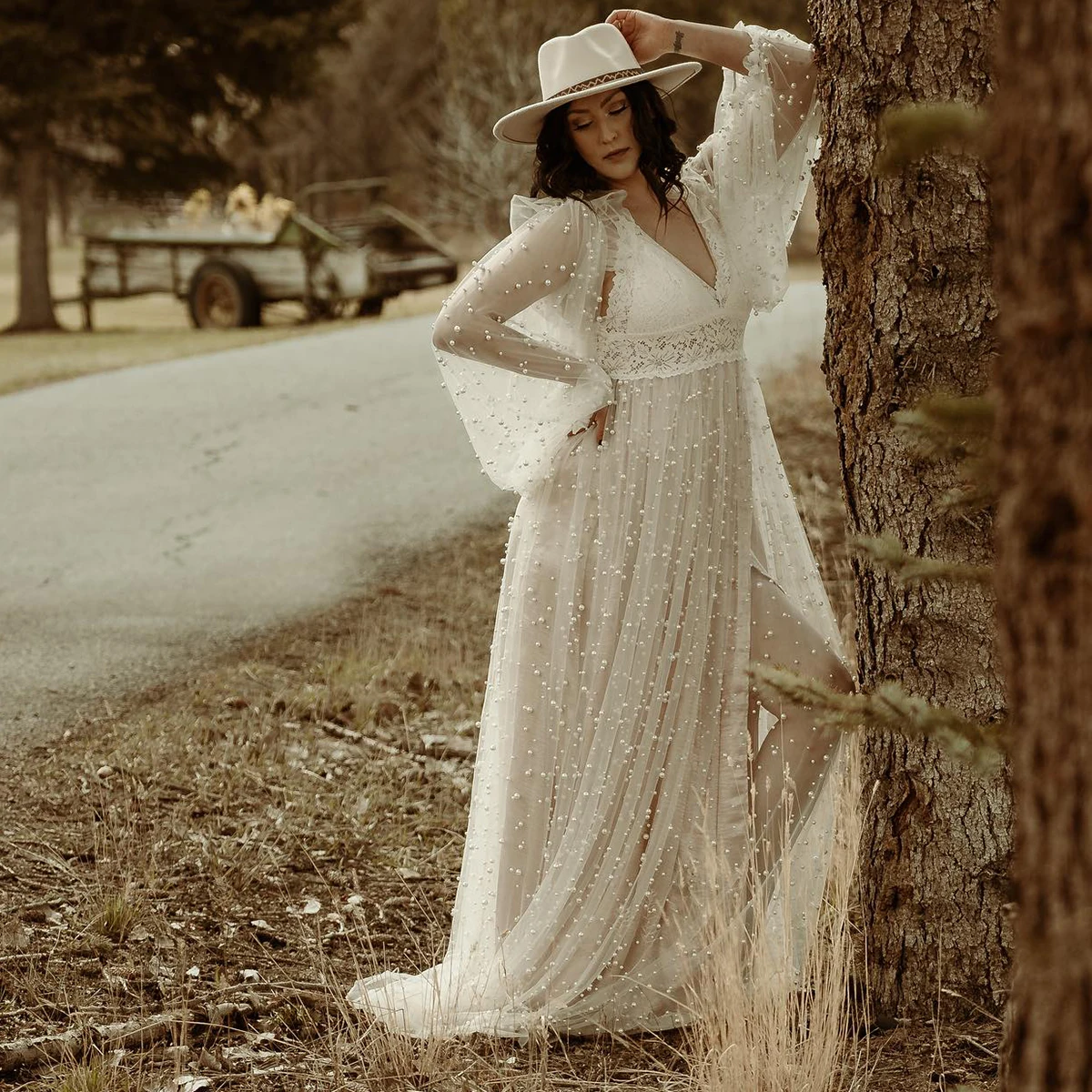 Съемное кружевное свадебное платье с длинными пышными рукавами и высокой талией