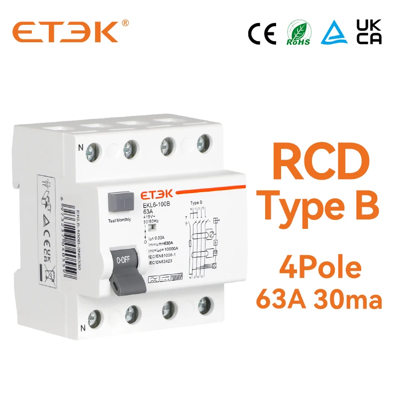 tipo b Evse 4p Polos ac 63a 30ma 10ka Trilho Din 220v dos Interruptores do Escapamento da Terra de Etek Rcd Rccb Disjuntores