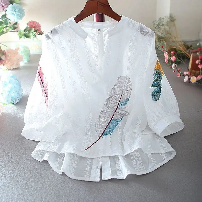 

Summer Loose Cotton Lace V-neck Embroidery Fashion Style High Waist Lantern Sleeve Shirt Women's Top