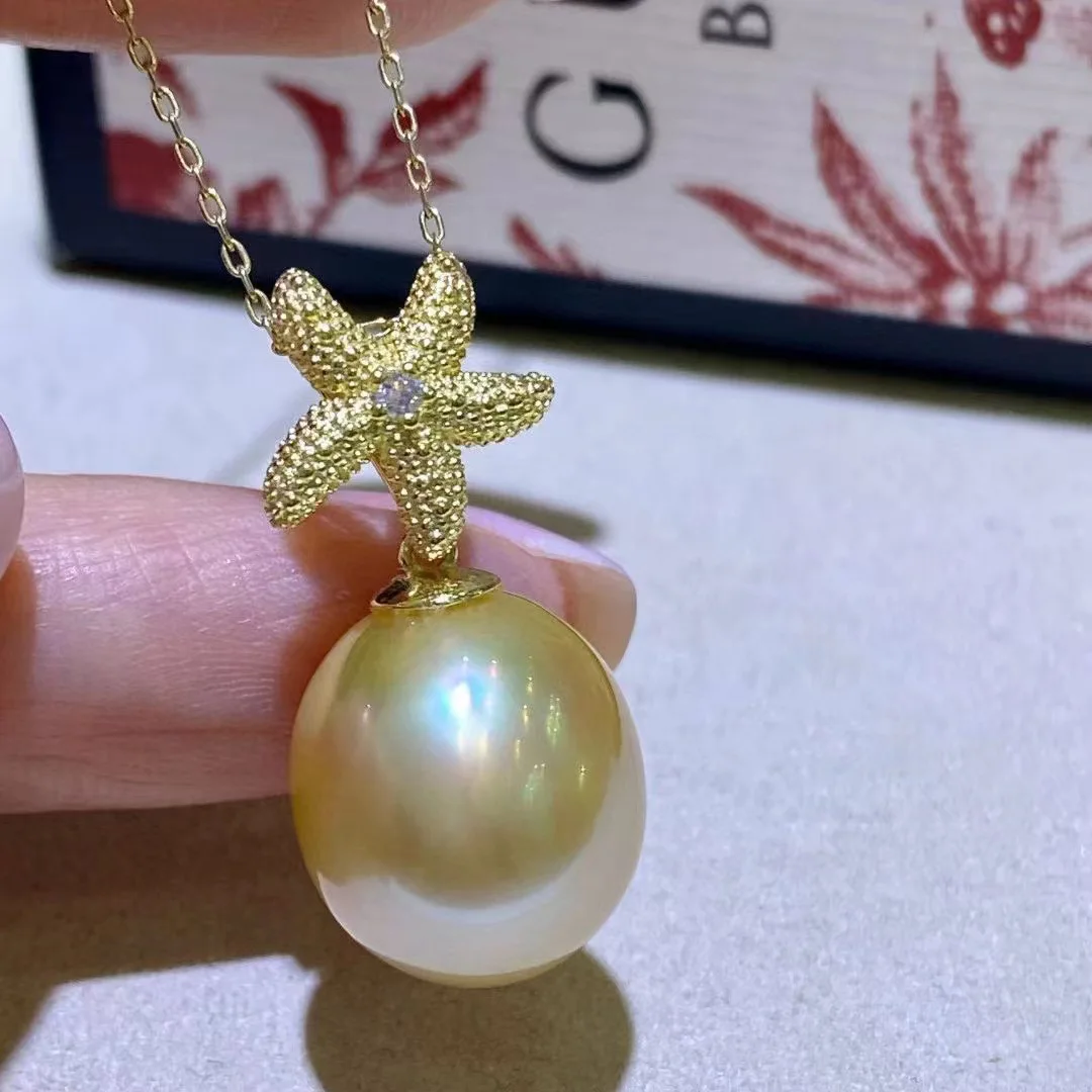 

MeiBaPJ 10-11mm Natural Golden Rice Freshwater Pearl Fashion Starfish Pendant Necklace 925 Silver Fine Wedding Jewelry for Women