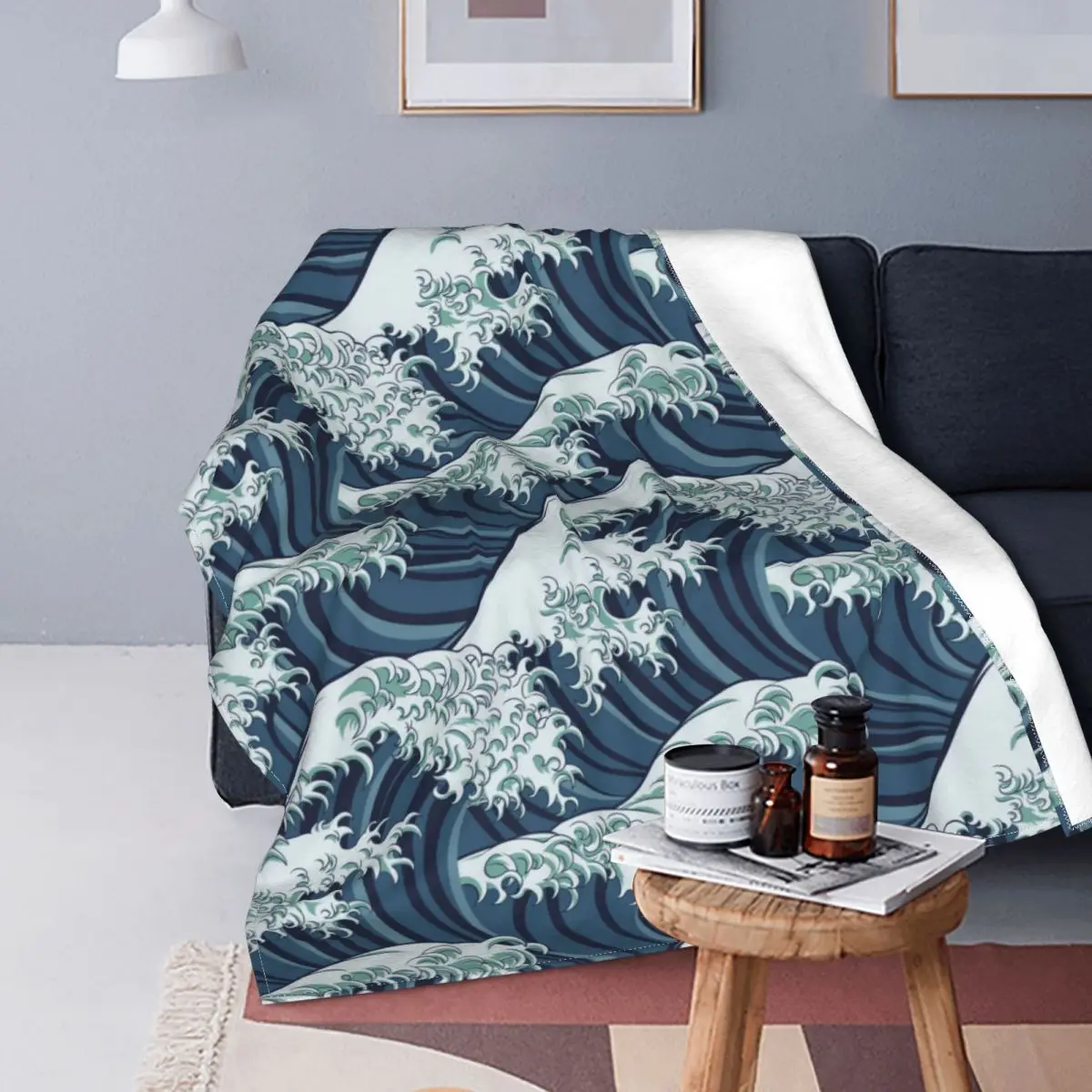 

Darkblue Kanagawa Surfing Flannel Blankets Customized Throw Blanket for Home 125*100cm Plush Thin Quilt 09