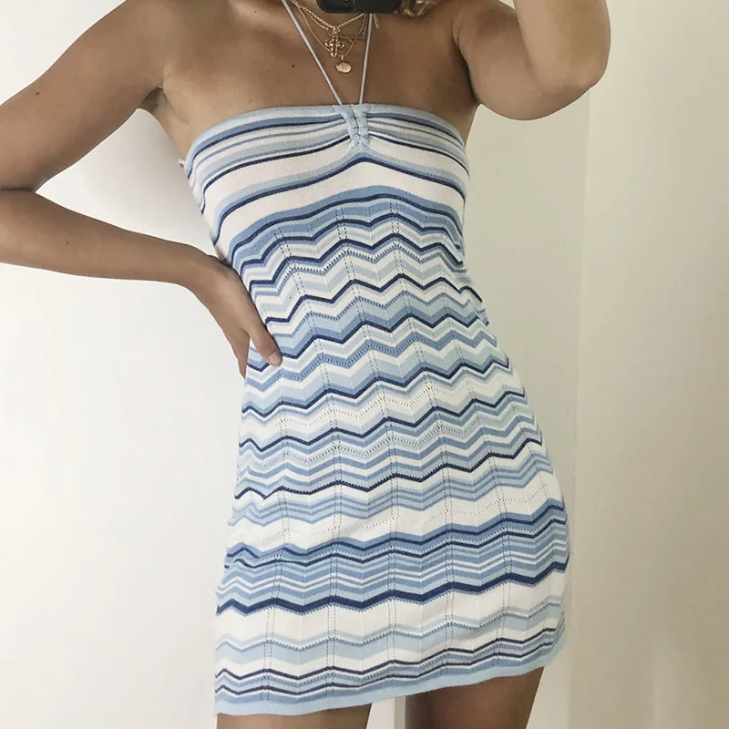 

Summer Beach Corset Dresses Off Shoulder Backless Holiday Sexy Dress Knitted Halter Bandage Mini Women Boho Striped Bodycon Y2k