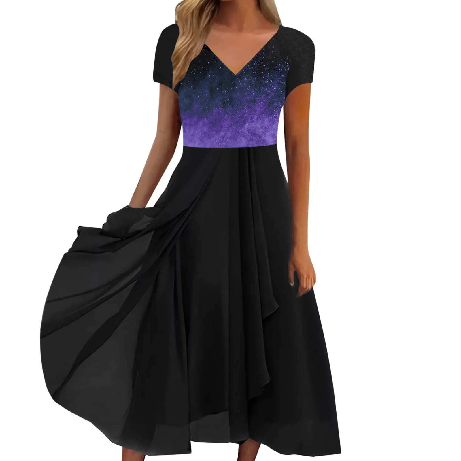 

Women Print V Neck Short Sleeve Dresse Fashion Evening Dress Button Front Dress