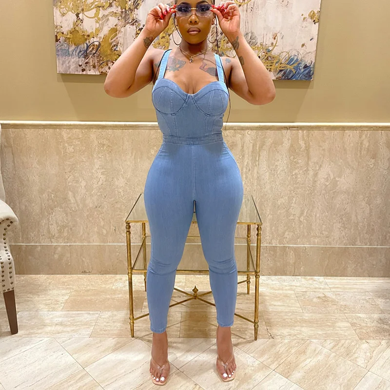 

Женский джинсовый комбинезон без рукавов, однотонный комбинезон на бретелях, 2021
