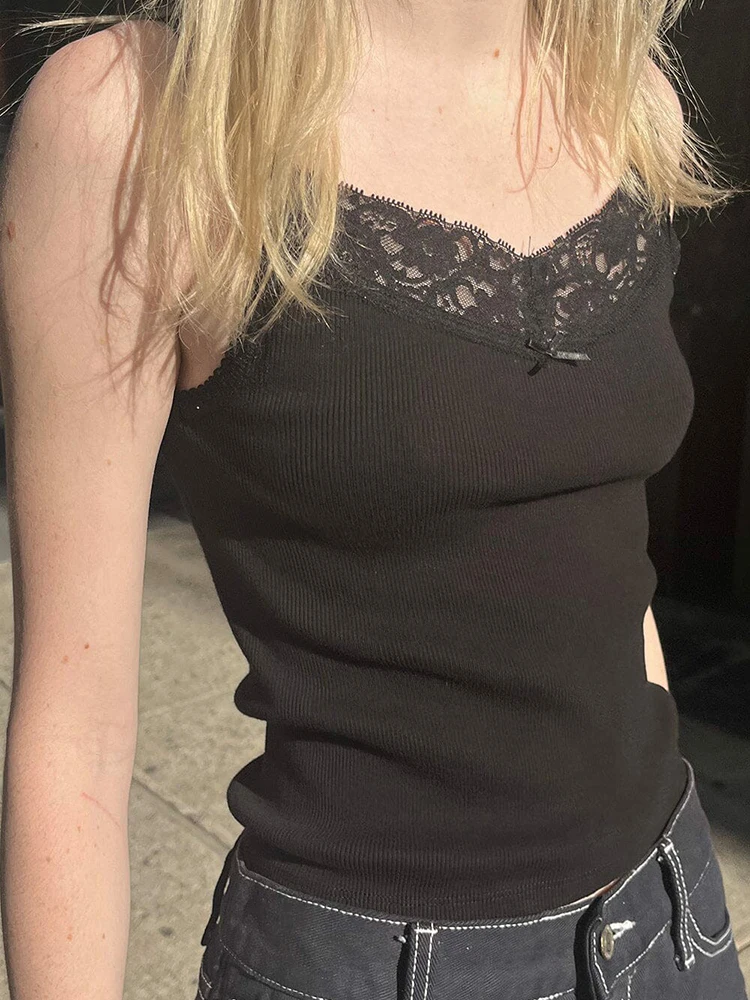 

Винтажный кружевной топ с бантом, повседневные милые черные ребристые хлопковые облегающие майки без рукавов, Женский Милый Летний укороченный топ Y2k