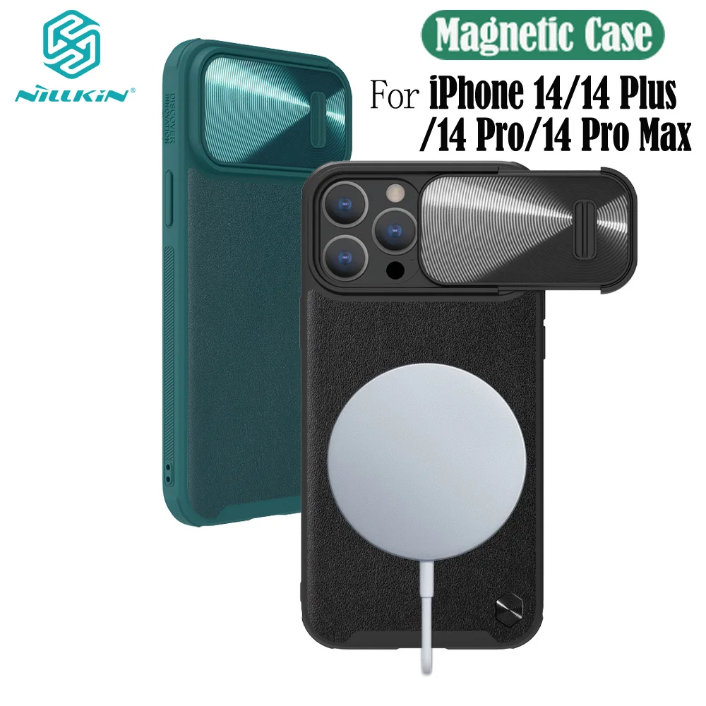 

Magnetic Case For iPhone 14 Pro Max NILLKIN Leather Case For MagSafe Slide Camera Cover For iPhone 14 Pro Plus With Lanyard Hole