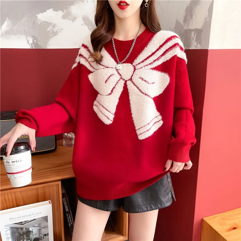 Женский вязаный свитер с бантом DAYIFUN свободные джемперы круглым вырезом и