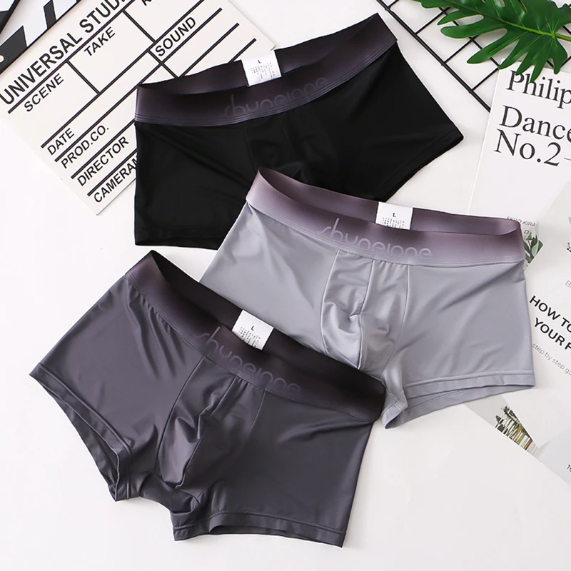 Men Panties Ice Silk Seamless Sexy Underwear Ultra Thin Breathable Flat Shorts 5A Antibacterial Mulberry Silk Flat Shorts Boxers