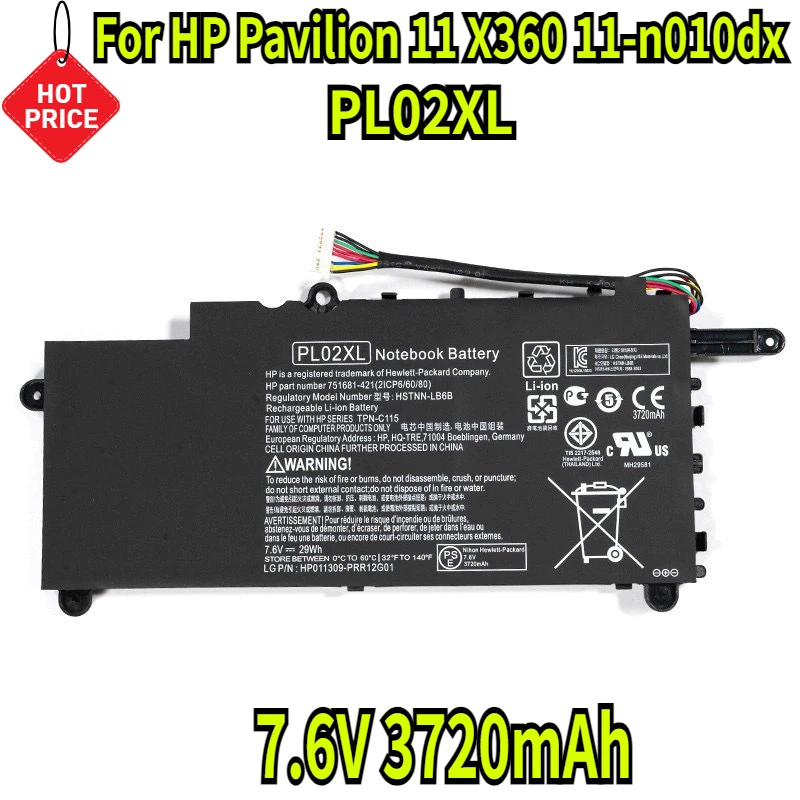 7 6 В 3720 мАч PL02XL Аккумулятор для ноутбука HP Pavilion 11 X360 11-n010dx 11-n000snx 11-N014TU 11-N030TU 751681 -421