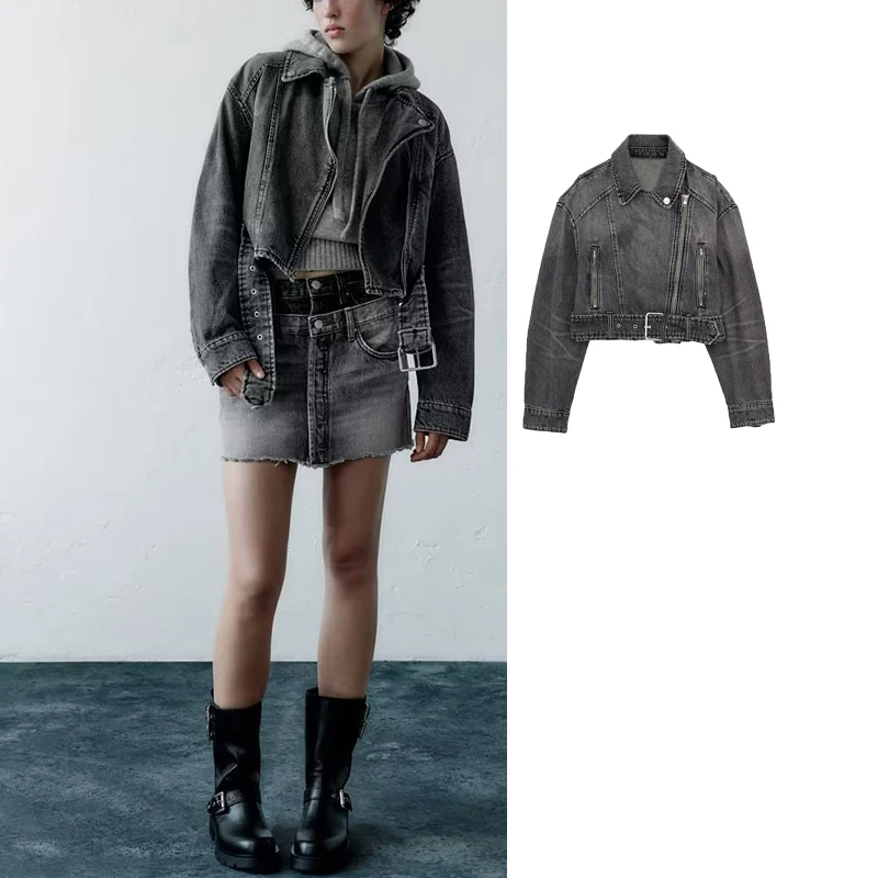 

Женская джинсовая куртка-бомбер с длинным рукавом