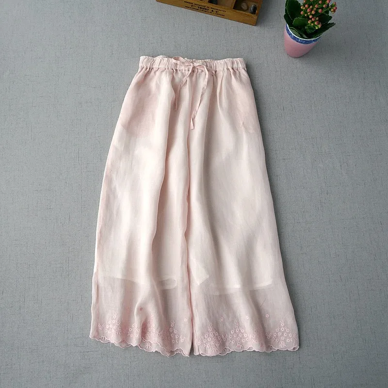 72-96cm Elastic Waist  Summer 2023 Women Loose All-match Embroidered Cozy Breathable Water Washed Ramie Trousers Wide Leg Pants