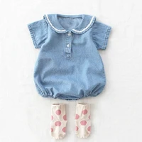 infant baby girl denim bodysuit spring summer casual solid salior collar rompers playsuits for boys cotton loose kids clothes