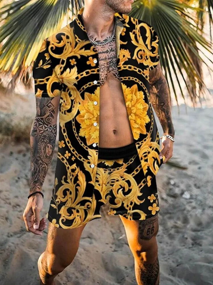 Hawaiian Set Mens Printing Set Short Sleeve Summer Casual Floral Shirt Beach Two Piece Suit 2021 New Fashion Men Sets S-3XL