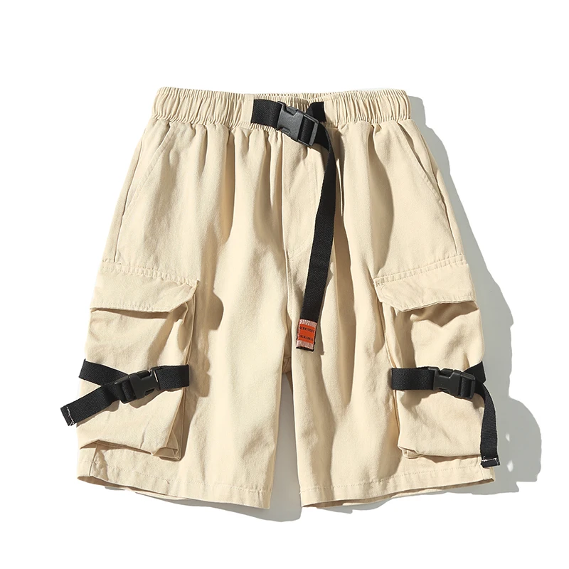 Japanese Style Men's Shorts Solid Color Knee Length Pant Pocket Cargo Pants New Male Casual Bottoms Hip Hop Streetwear