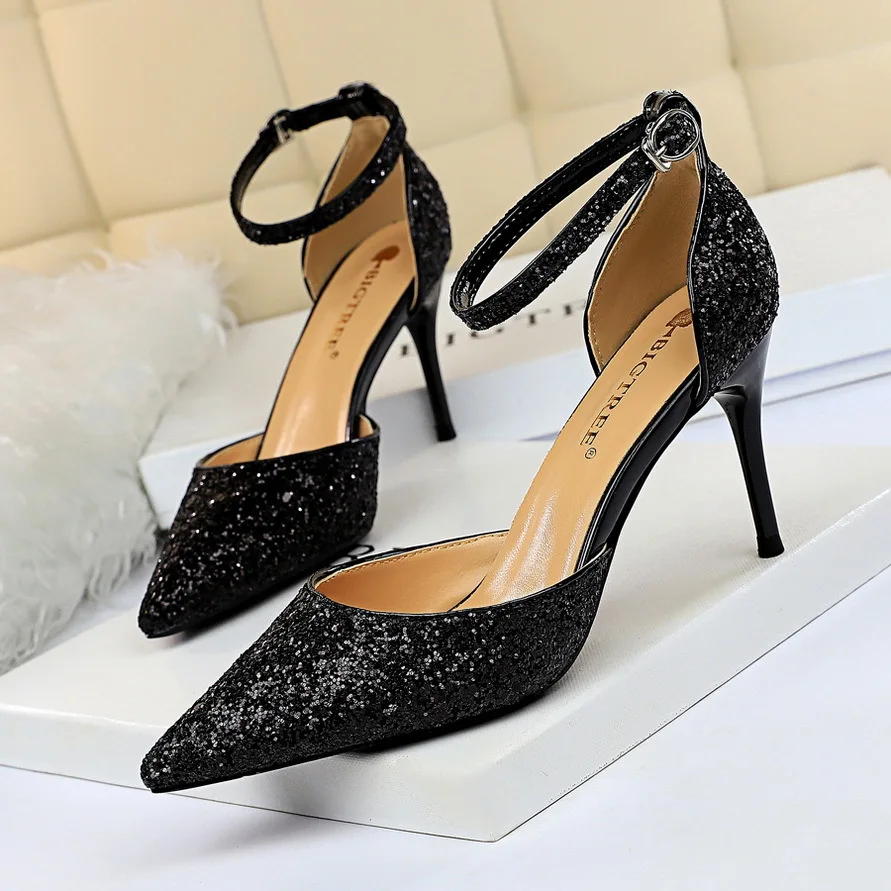 SOLEMATE European and American Nightclub Stiletto Heels with Pointed Toe, Metallic Thin Heel, and Hollow-Out Design