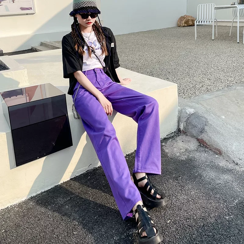 

Purple Jeans 2022 Spring Vintage Denim Trousers Fashion Elegant Solid Pants Casual High Waist Femme Straight Jeans For Women