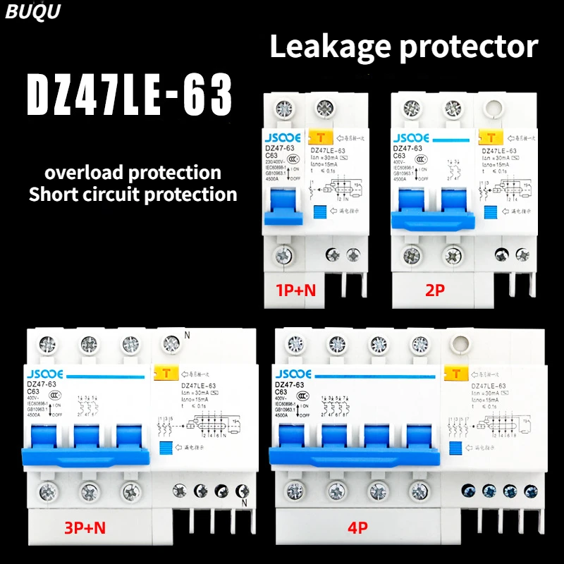 BUQU DZ47LE-63 Household Miniature Circuit Breaker 1P/2P/3P/4P Breaking capacity 4.5KA Air Switch With Leakage Protector