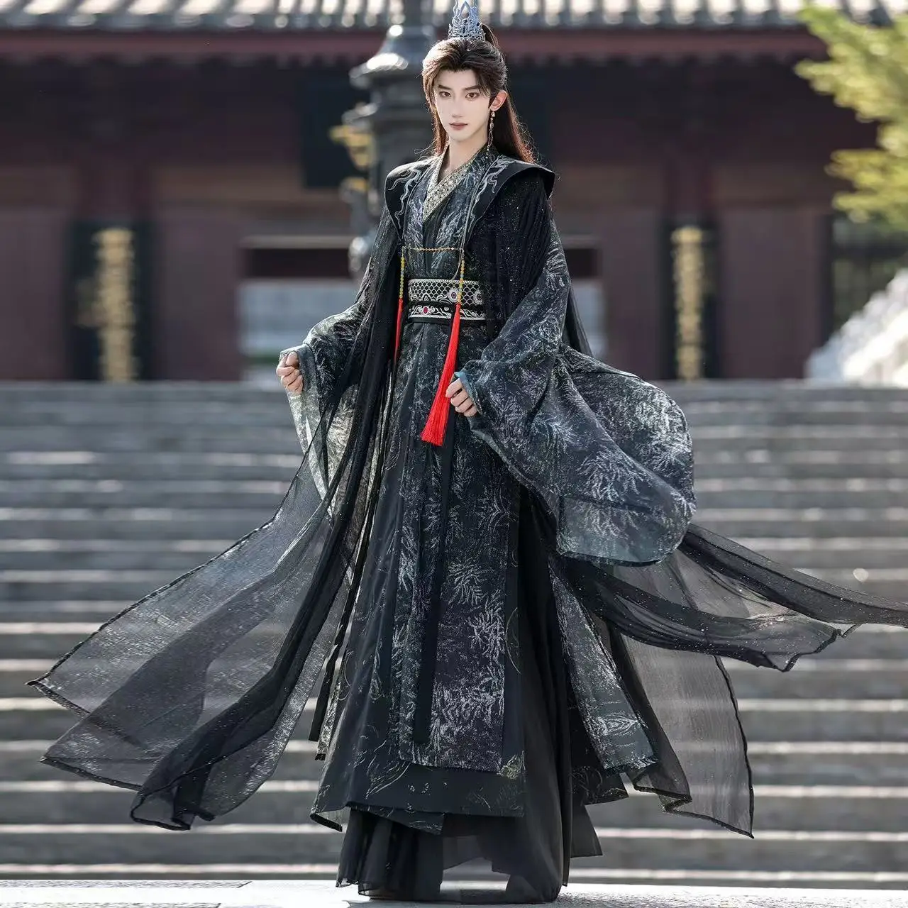 Фото Темно-черный король Hanfu, мужская одежда в традиционном китайском стиле, древний крестовый воротник, халат с большими рукавами, костюмы для косплея из комиксов №3