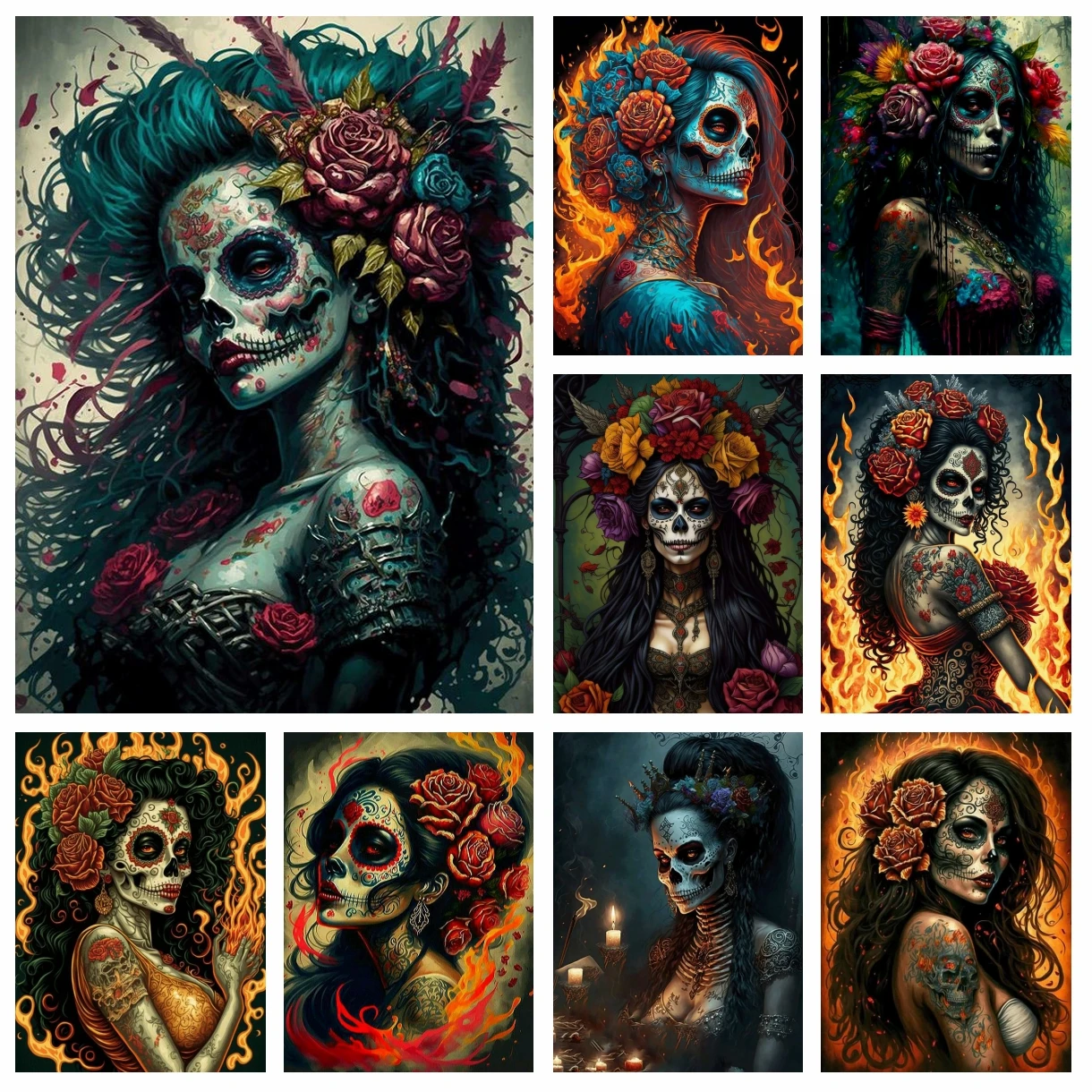 

DIY Horror Gothic Woman Diamond Painting Halloween Skeleton Girl Art Cross Stitch Kit Embroidery Picture Mosaic Craft Home Decor