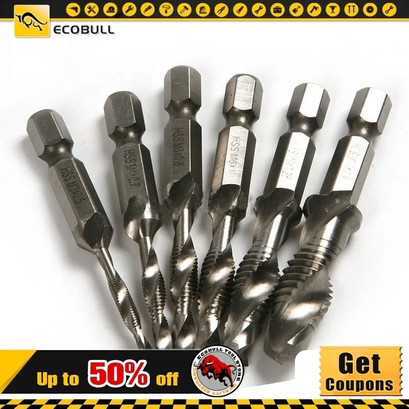 

Screw Drill Tap Bit M3-M10 6pcs/set Taps Drills Bits High-speed Steel Combination Countersink Hex Shank