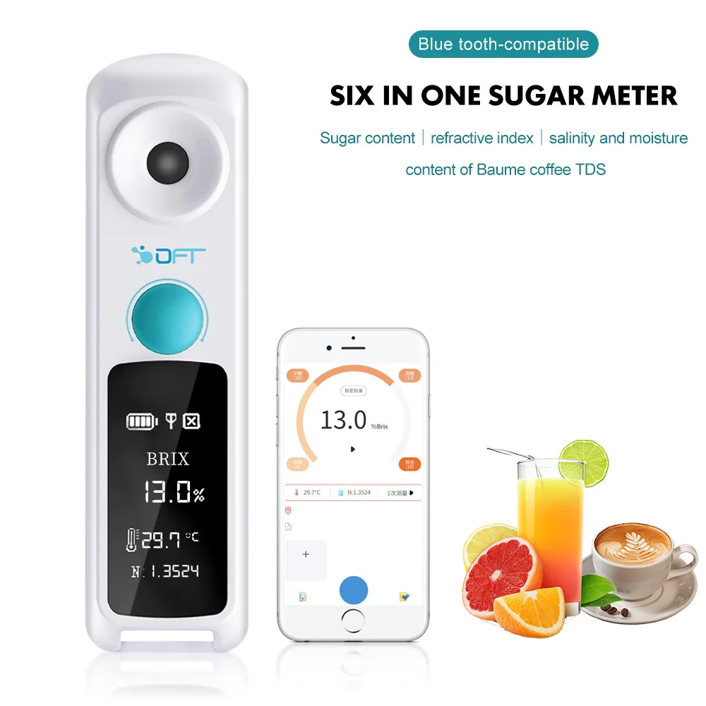 

6-in-1 Honey Sugar Auto Refractometer Tester 0-55%/0-95% Brix 0~26% TDS Coffee Densimeter Bluetooth-Online Concentration Meter