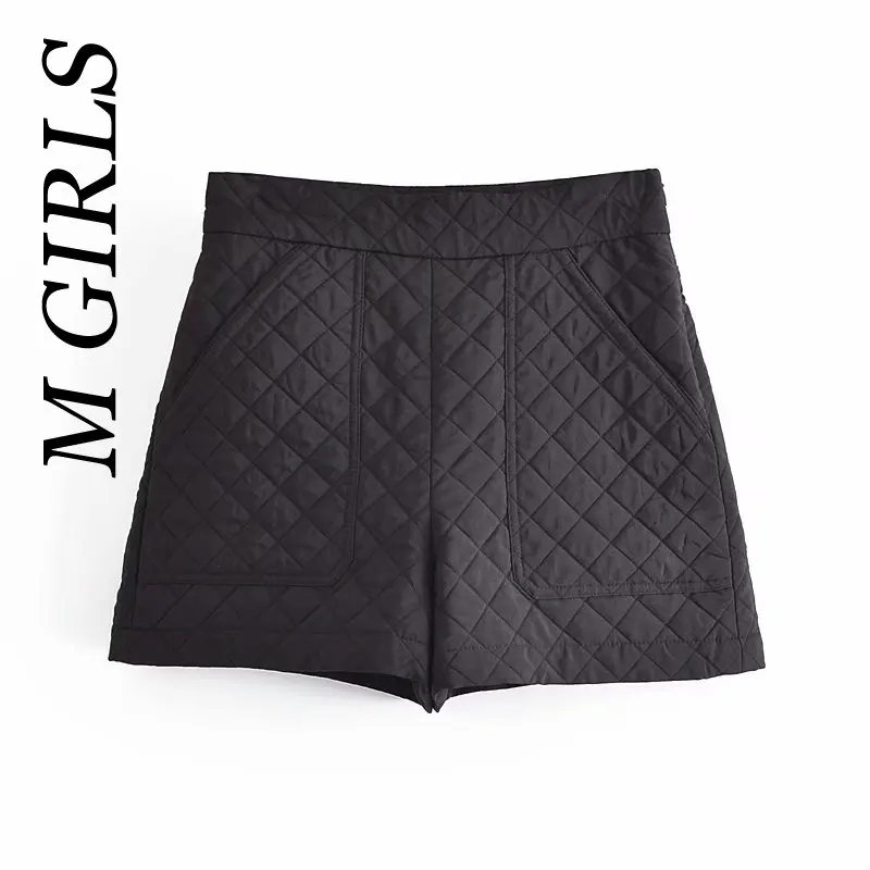 M GIRLS Women  Fashion With Pockets Thin Padded Shorts Vintage High Waist Side Zipper Female Short Pants Mujer