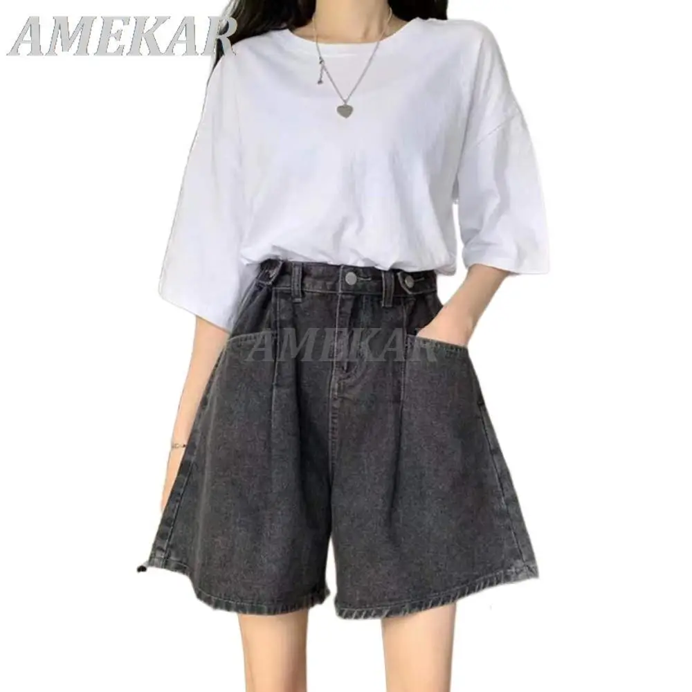 Women Casual Simple Thin High Waist Denim Shorts All-match Straight Wide-leg Hot Pants Lady 2023 Summer New Fashion Short Jeans