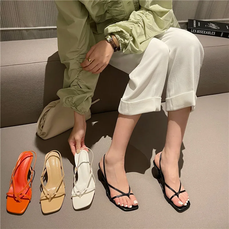 

Slippers Women Summer Rubber Flip Flops Thin Heels High-Heeled Shoes Lady Slides Square Toe Cross-Tied Pantofle Hawaiian 2022 PU