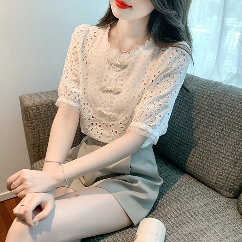 

2023 Short Sleeve Lace Blouse Women Tops Casual White Crochet Hollow Out Cropped Women's Shirt O Neck Female Blusas