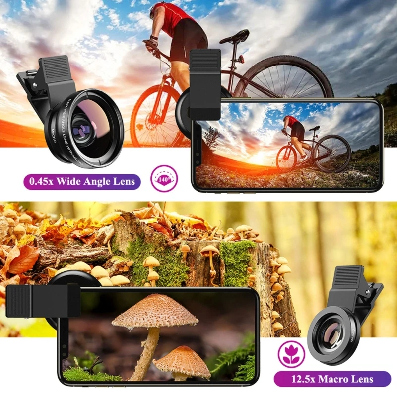 

Dropshipping 0.45X Super Wide Angle Lens + 12.5X Macro Lens Phone Camera Lens 2 in 1 Clip-on Lens Kit for Mobile Phones Aluminum