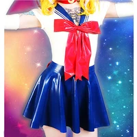 fetish latex gummi rubber ladies cute suit dress red trim white and blue cosplay costume party size s xxl 0 4mm