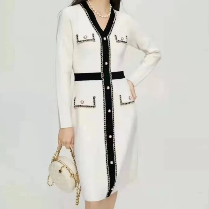 

2022 Sweater Knitting Dresses Women Dress Elegant Office Lady Robes Vestidos Sexy V-Neck Casual Party Holiday Japanese Korean in