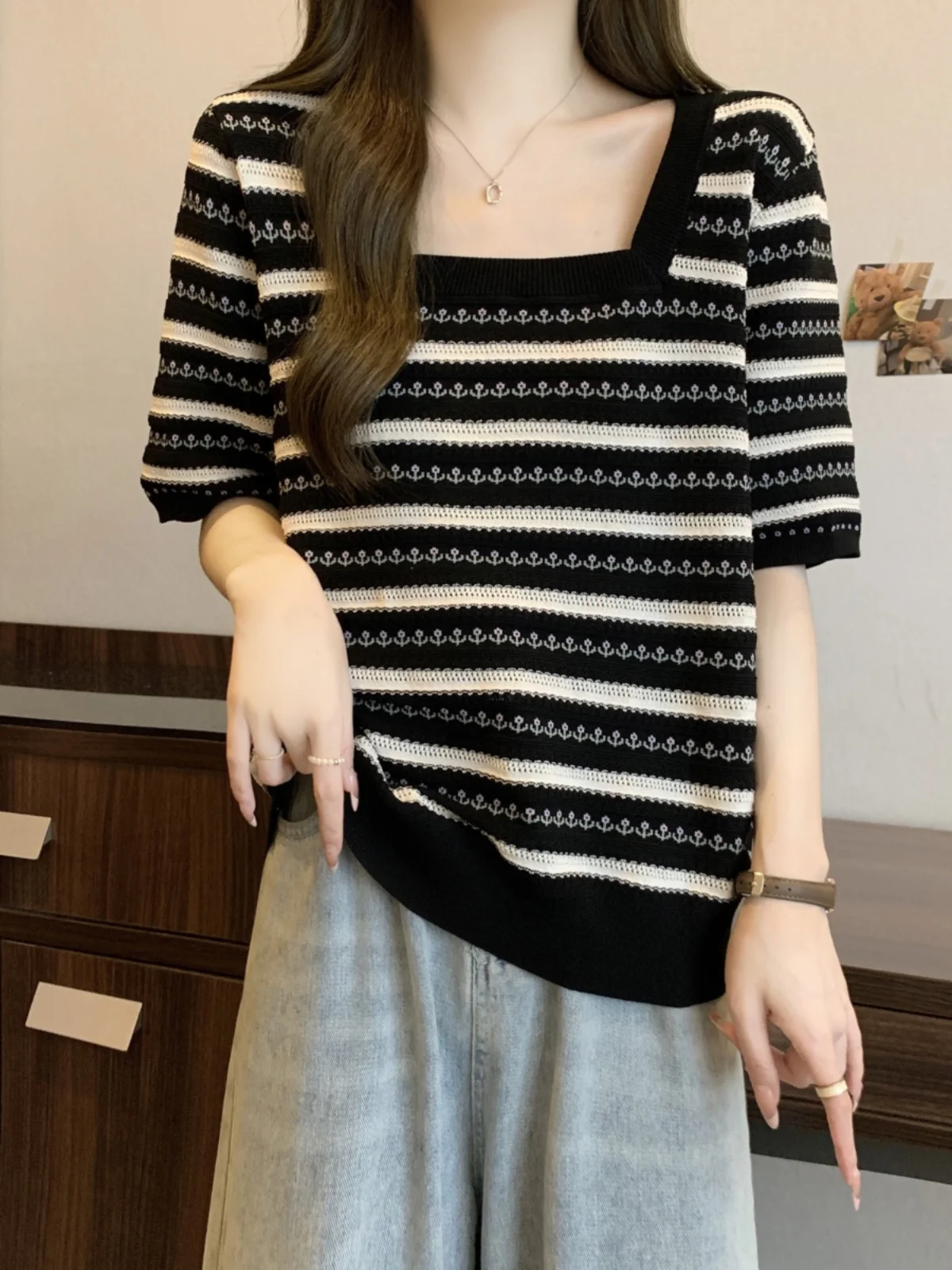 Plus Size Plus size women clothing Belly Covering Stripe Contrast Color Short sleeve Bottoming Shirt Summer Chubby Girl Loose...