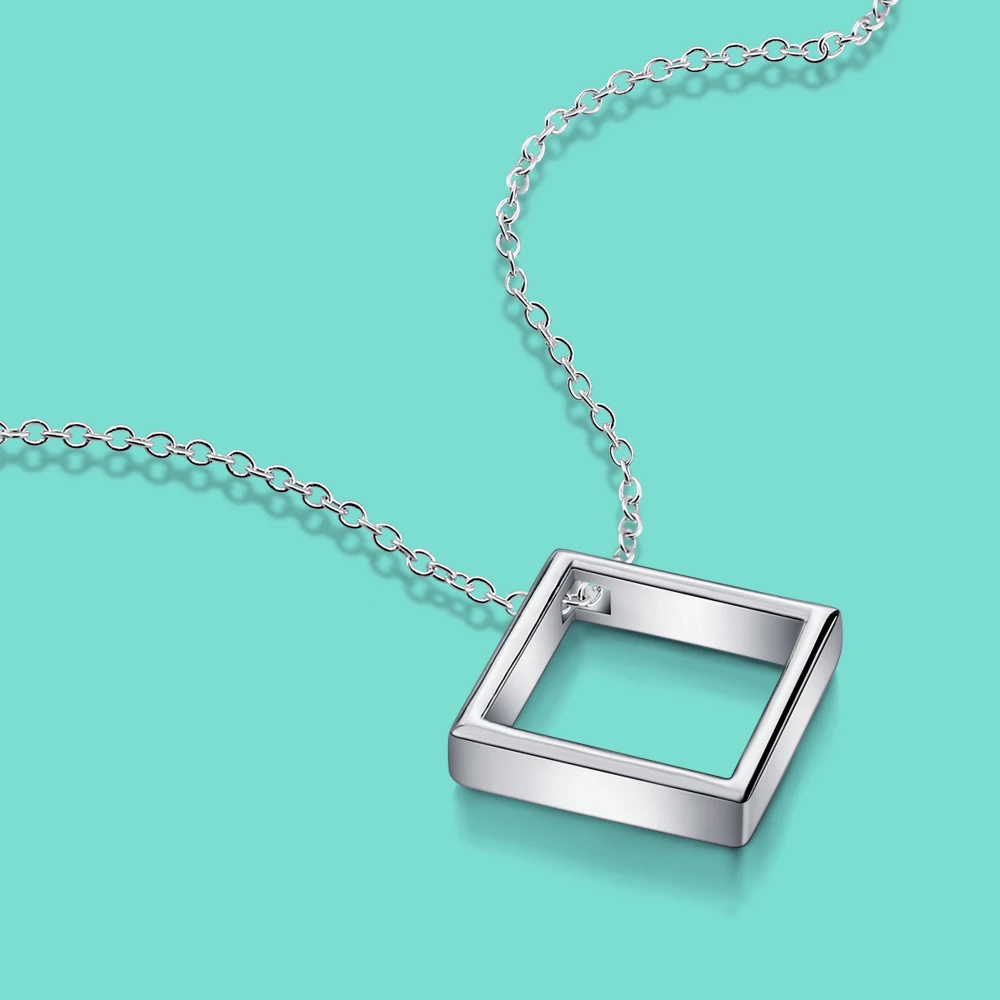 

925 Sterling Silver Necklace Women's Geometric Square Pendant Rolo Chain 41-43-46CM Charm Jewelry Birthday Gift