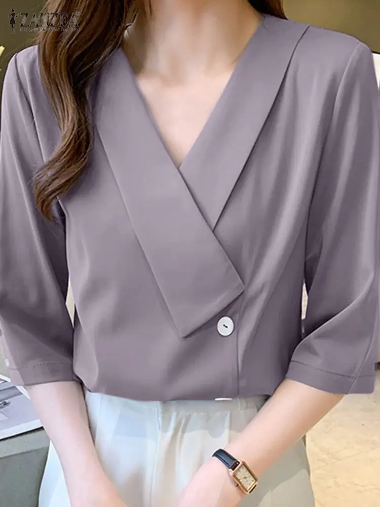 

ZANZEA Fashion Half Sleeve Shirt Women Elegant V Neck Blouse Summer Work OL Tops Femininas Casual Holiday Solid Blusas Chemise